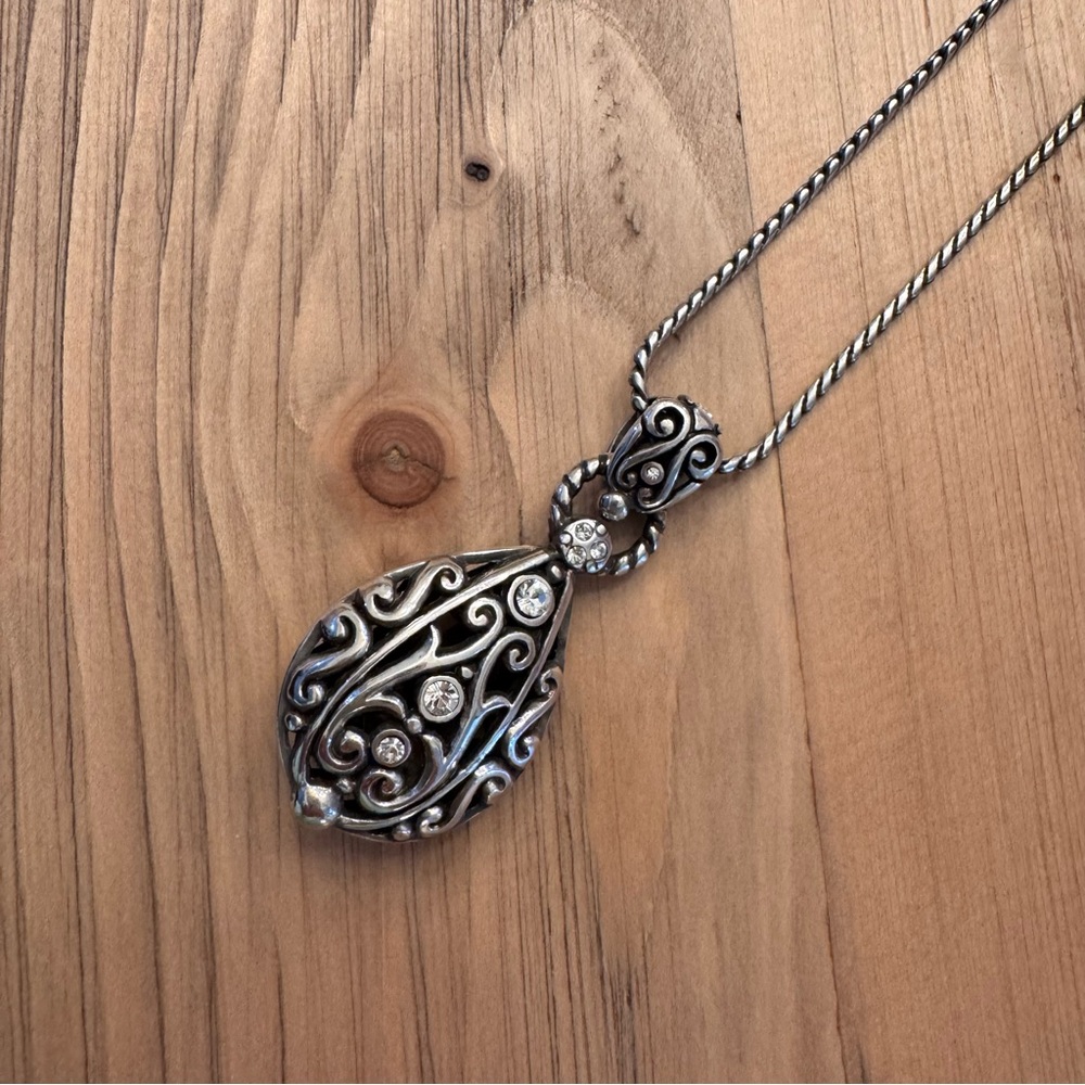 Brighton Teardrop Crystal‎ Open Scroll Silver Plate Pendant Necklace Reversible